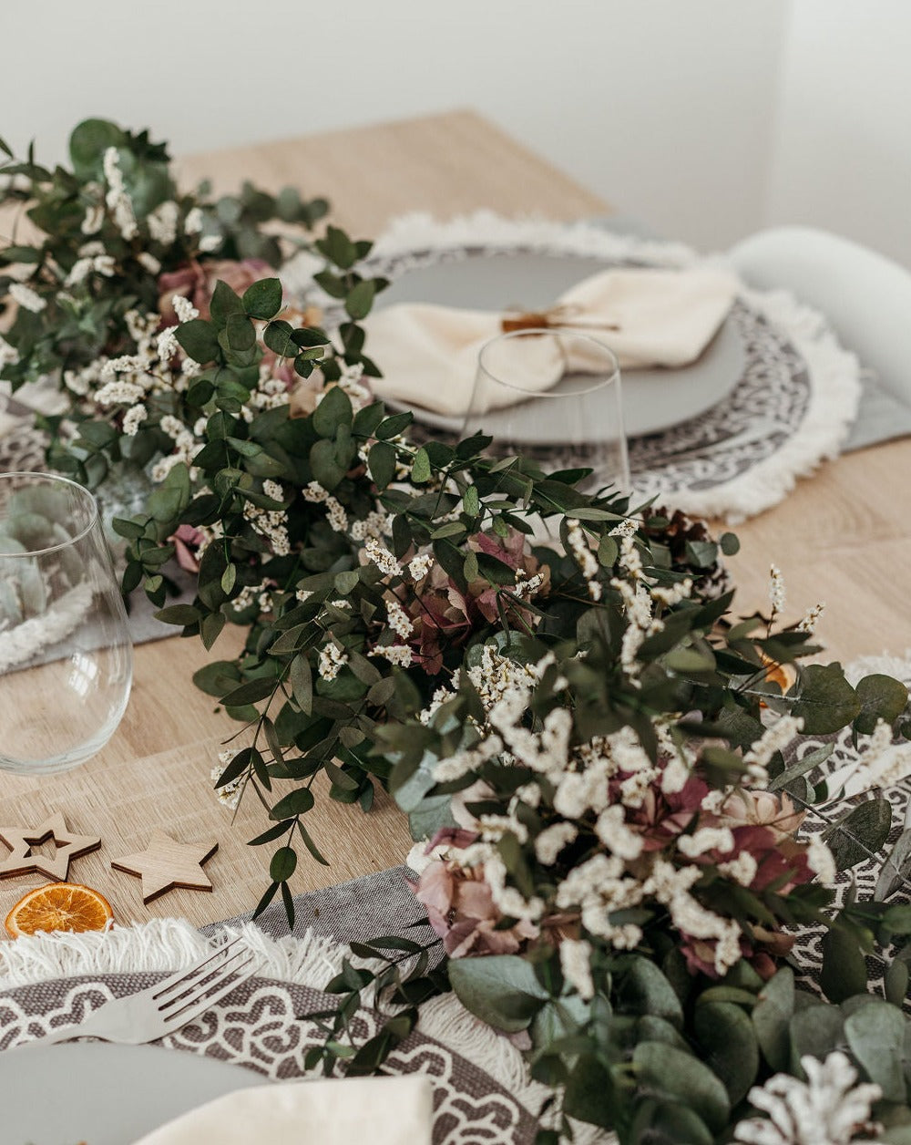 Guirnalda eucalipto y hortensia, flores preservadas navidad