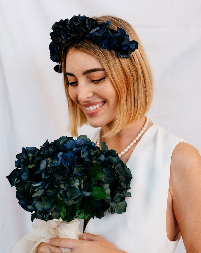 tocado cabeza hortensia azul